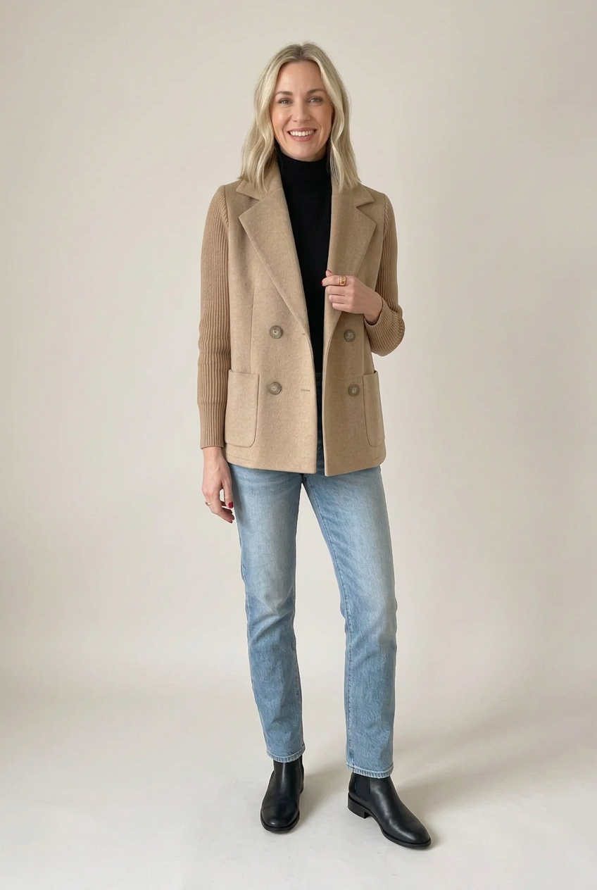 Veste Élise camel croisée, manches en maille côtelée, vue de face
