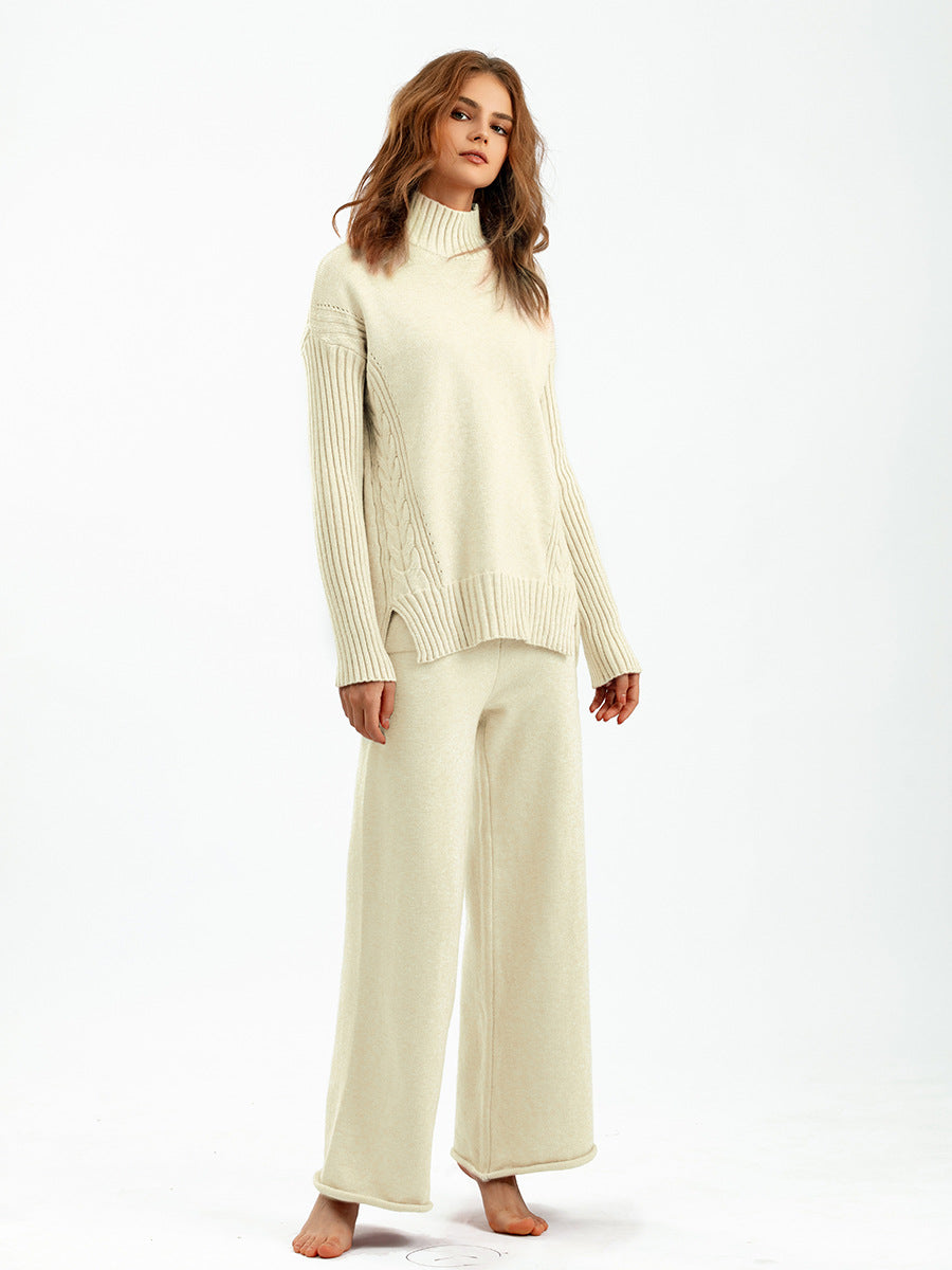 Ensemble Douceur pull col roulé et pantalon large en maille