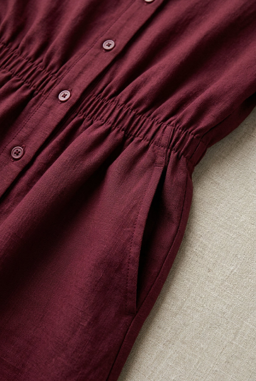 Robe Joséphine bordeaux, gros plan sur la taille élastique, les boutons et la poche