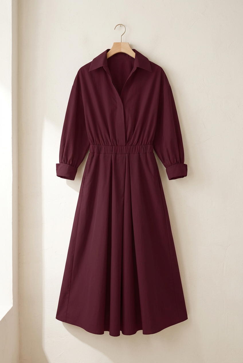 Robe Joséphine bordeaux seule sur cintre, col chemise et taille élastique