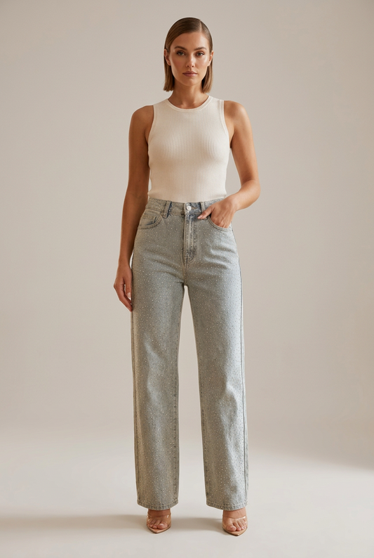 Jean Étoile bleu à strass, taille haute, silhouette complète