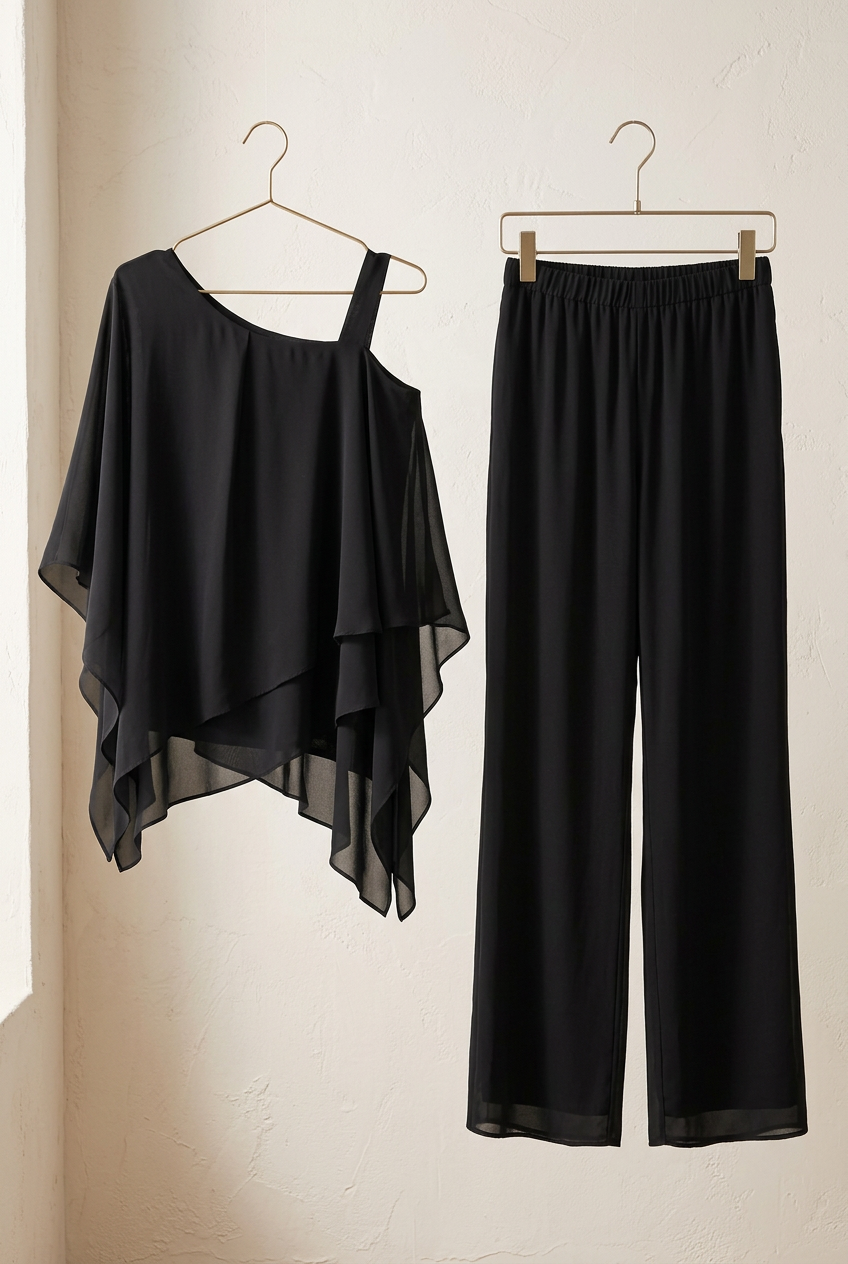 Ensemble Côme noir, haut asymétrique et pantalon sur cintres