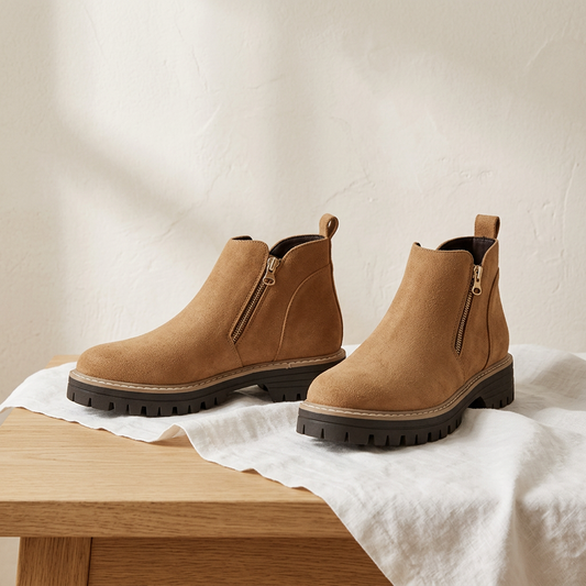 Paire de bottines Lina chocolat en suédine, zip latéral, posées sur bois clair