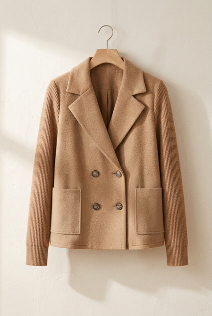 Veste Élise camel seule sur cintre, quatre boutons et poches plaquées