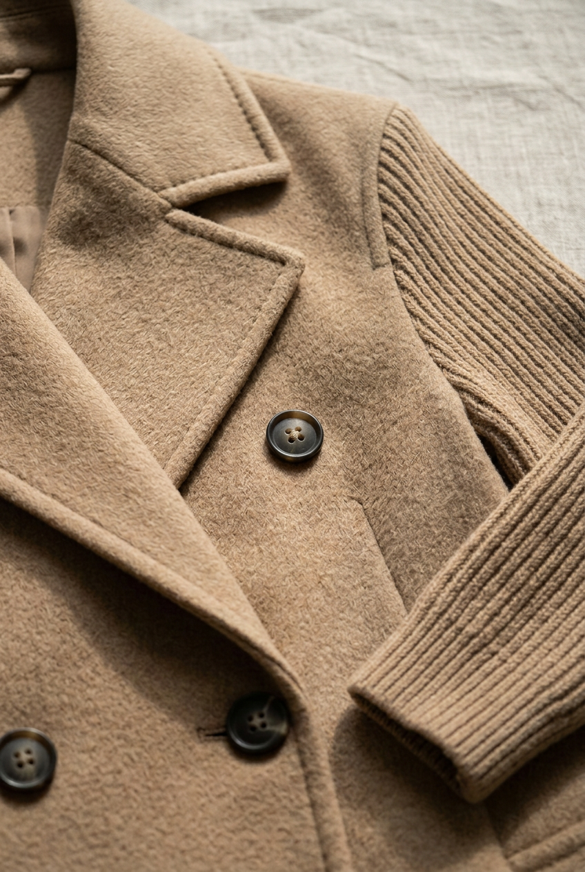 Veste Élise camel, gros plan sur le col tailleur et la manche en maille