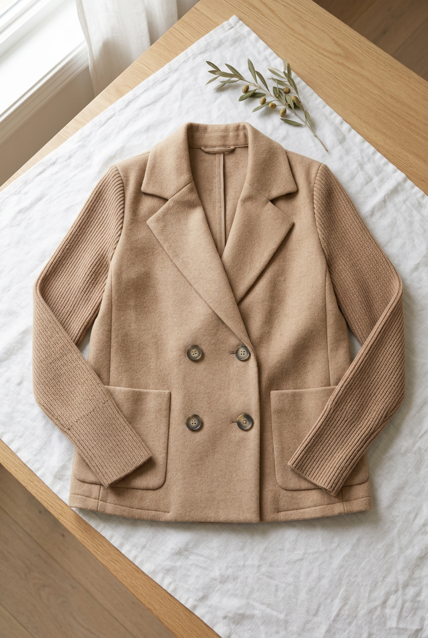 Veste Élise camel posée à plat, manches en maille côtelée