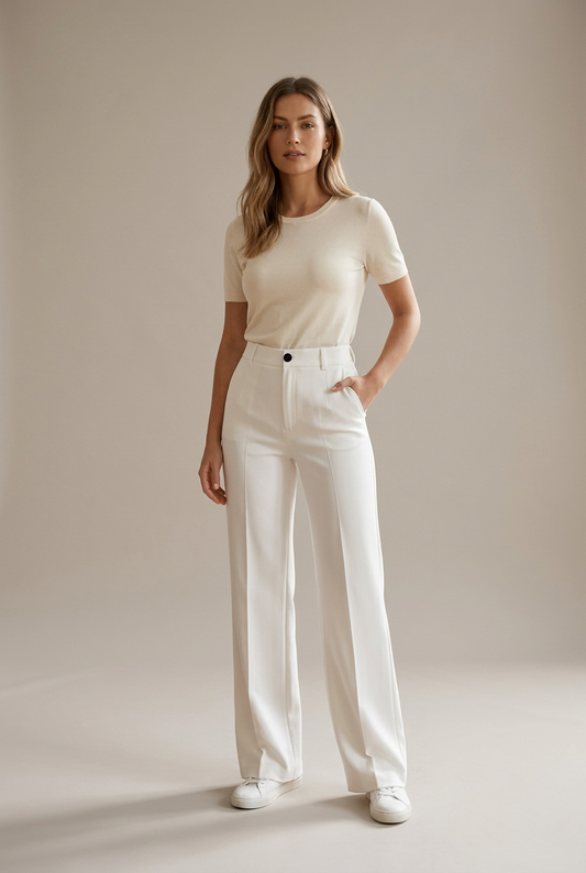Pantalon Clara blanc taille haute, silhouette complète