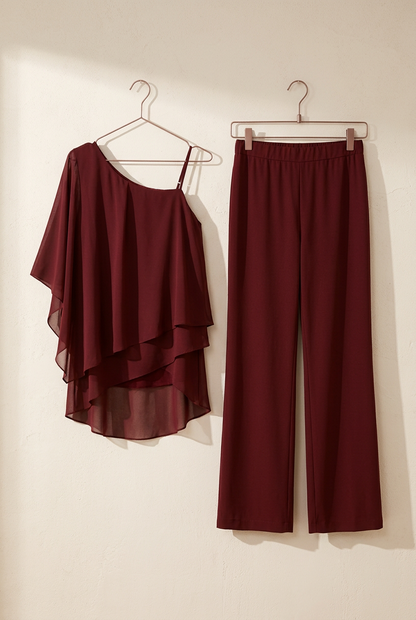 Ensemble Côme bordeaux, haut asymétrique et pantalon sur cintres