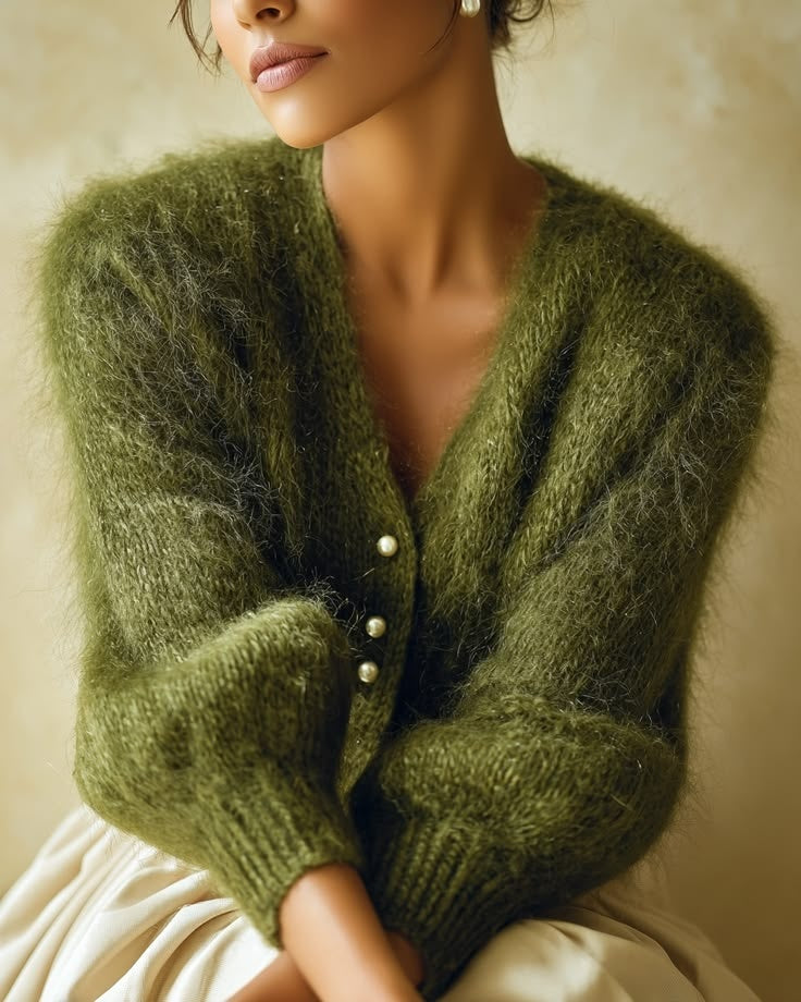 Cardigan Perle vert olive en maille duveteuse, boutons perle