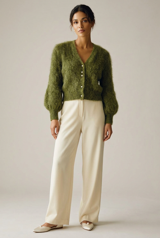 Cardigan Perle vert olive en maille duveteuse, vue de face