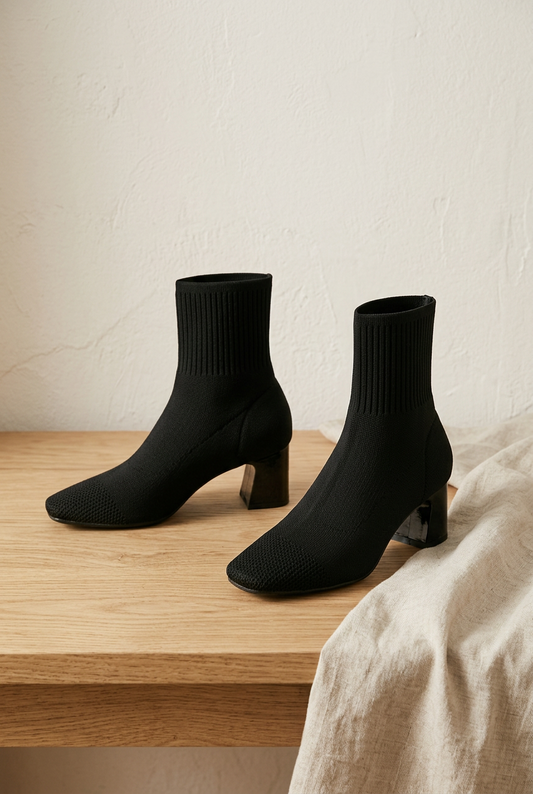Paire de bottines Margot noires en maille, posées sur bois clair