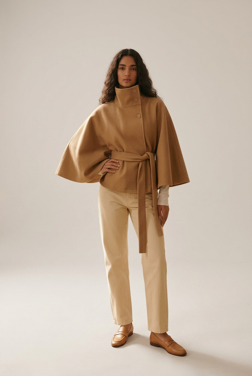 Manteau Céleste camel, col montant et ceinture nouée, silhouette complète