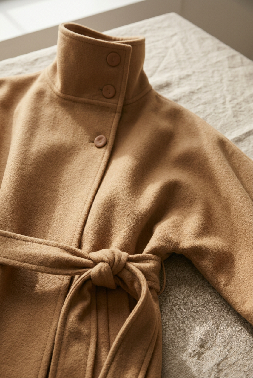 Manteau Céleste camel, gros plan sur le col montant et la ceinture nouée