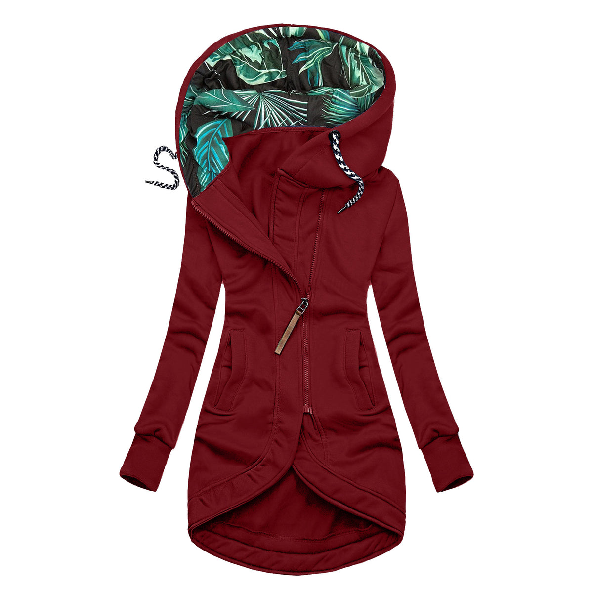 Veste Jade bordeaux seule, vue de face, capuche doublée imprimé feuillage