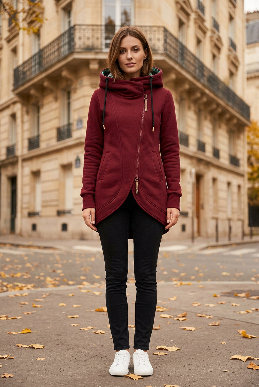 Veste Jade bordeaux portée, silhouette complète