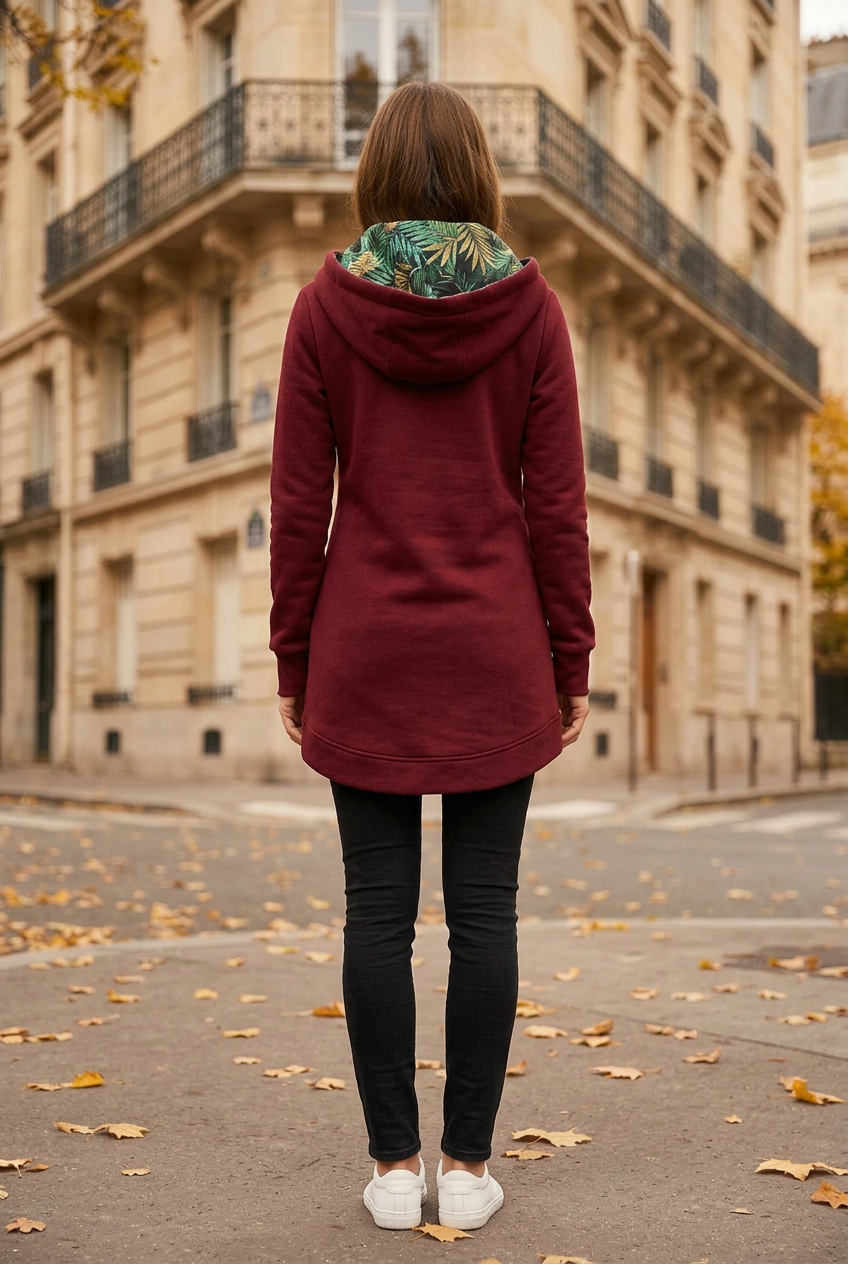 Veste Jade bordeaux portée, vue de dos, doublure feuillage