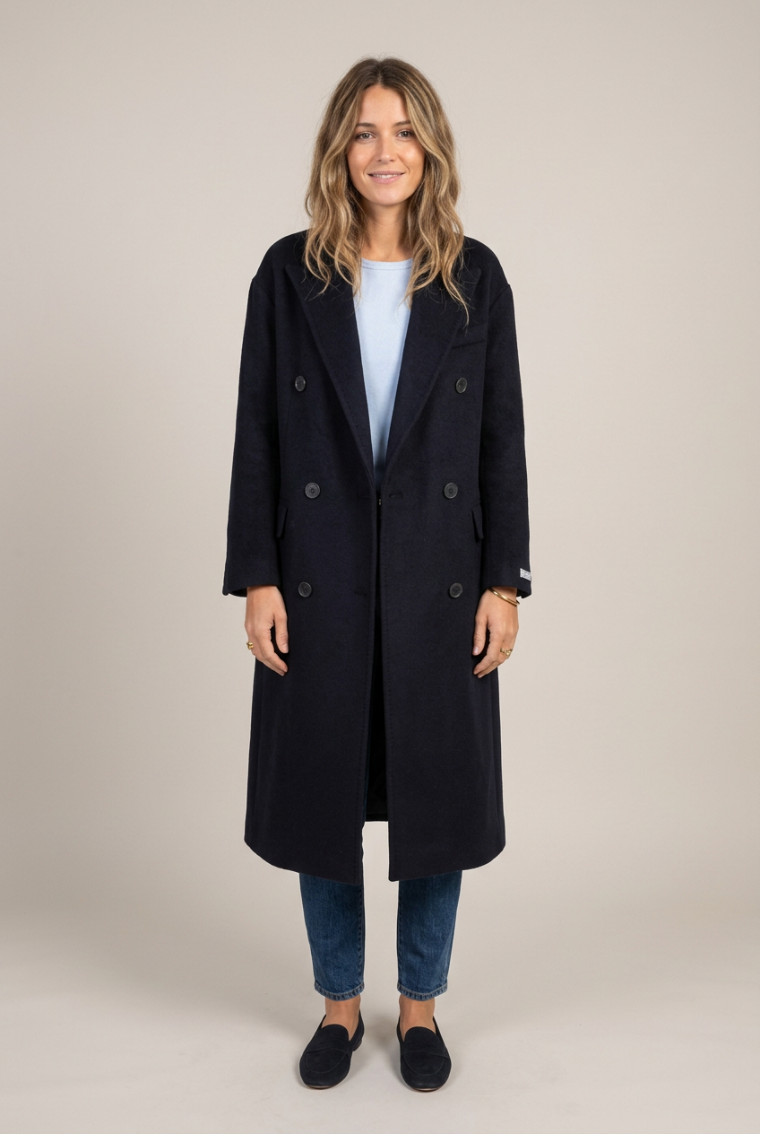 Manteau Victoire bleu marine porté ouvert, vue de face