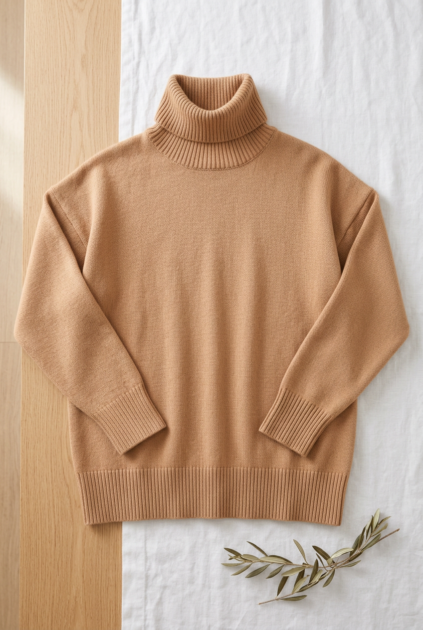 Pull Anouk camel posé à plat, col roulé généreux