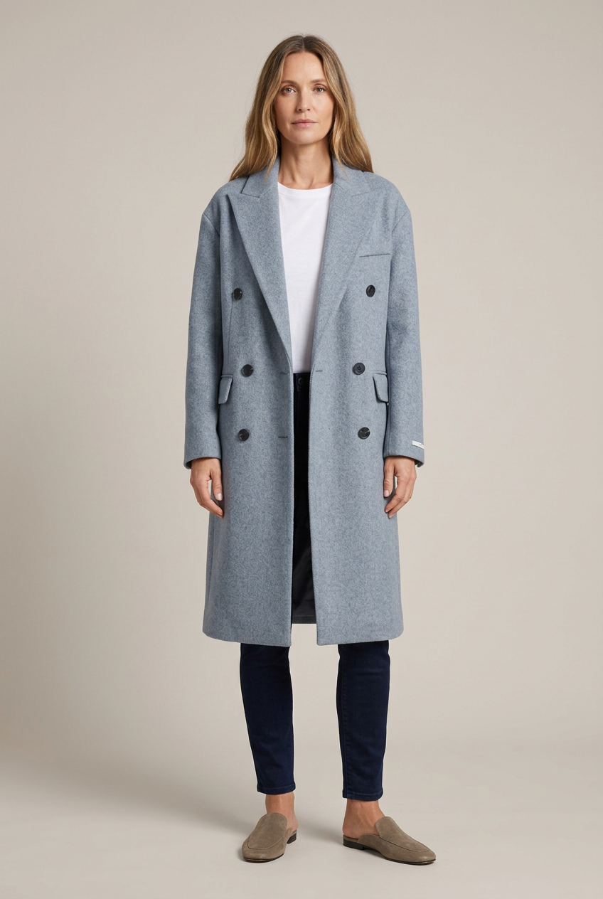 Manteau Victoire gris bleuté, croisé mi-long, vue de face