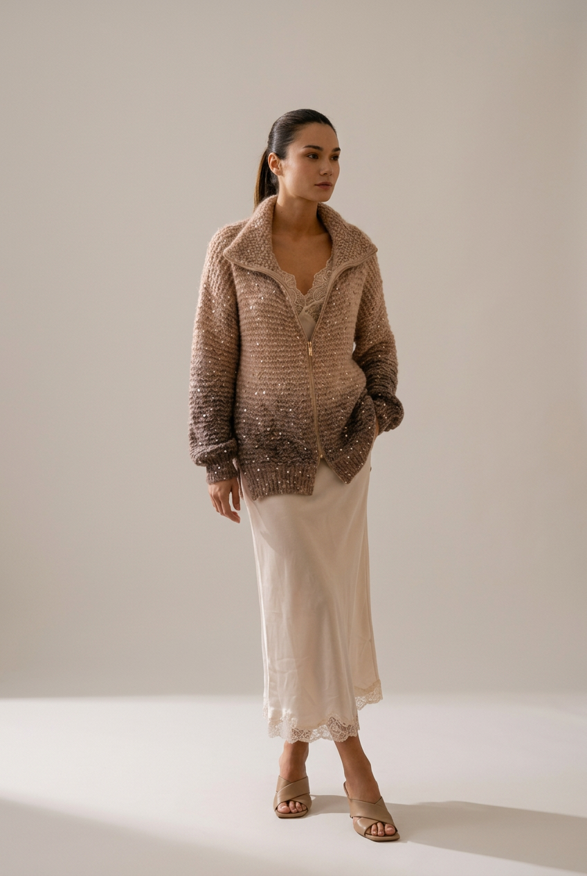 Gilet Étincelle camel en maille pailletée zippée, silhouette complète
