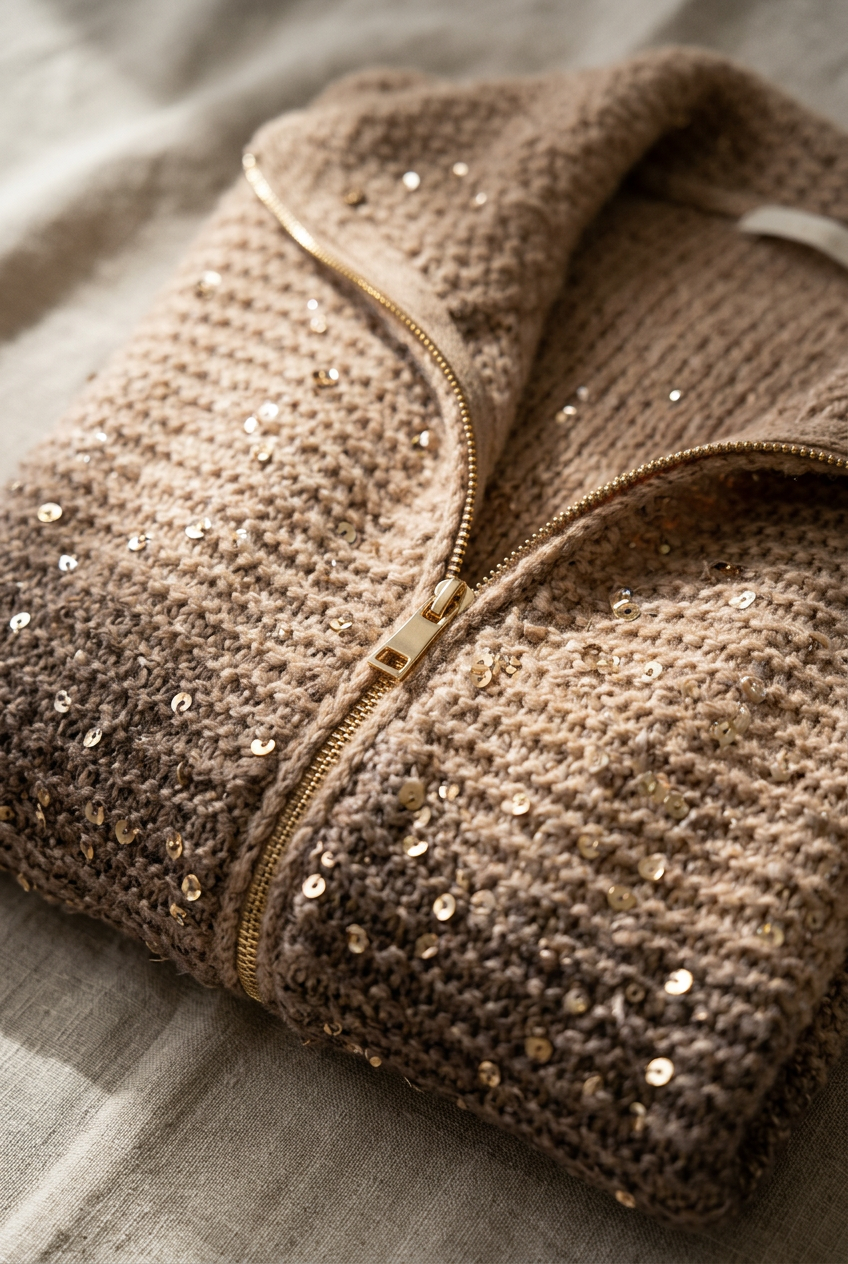 Gilet Étincelle camel, gros plan sur le zip doré et les sequins