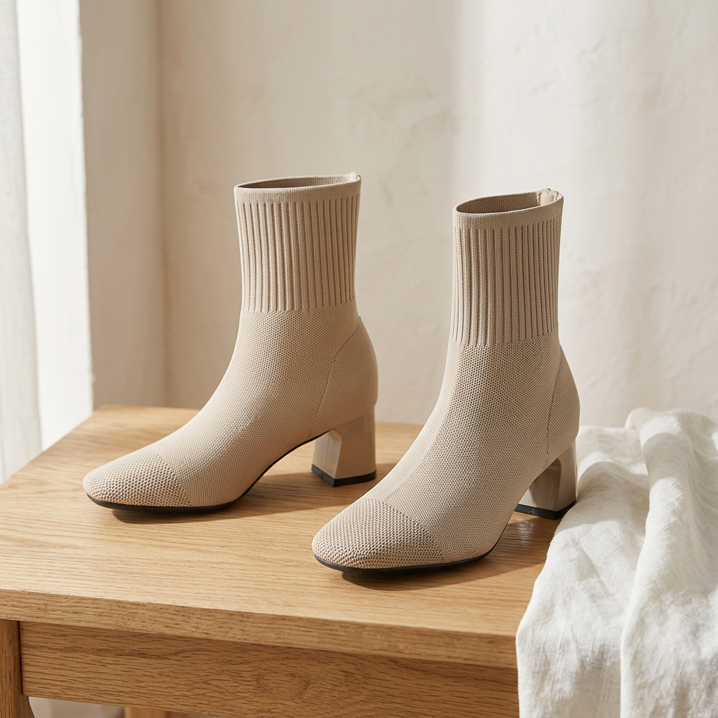 Paire de bottines Margot sable en maille, posées sur bois clair