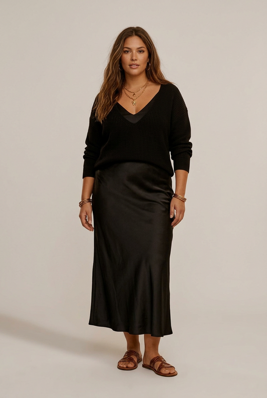 Ensemble Vendôme noir, pull col V et jupe satinée, silhouette complète