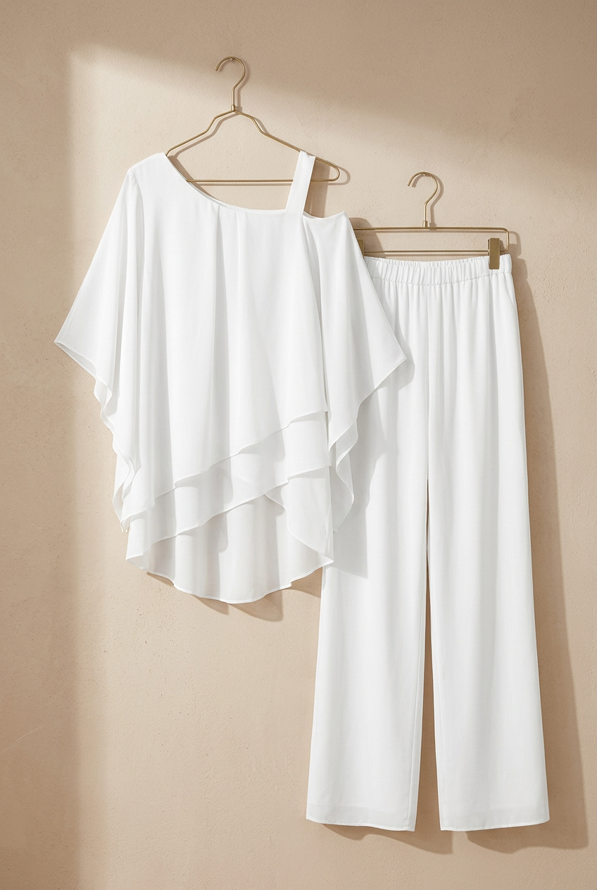 Ensemble Côme blanc, haut asymétrique et pantalon sur cintres