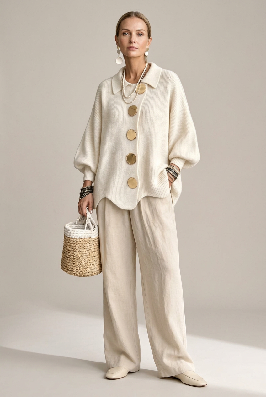 Cardigan Margaux crème à boutons dorés, vue de face