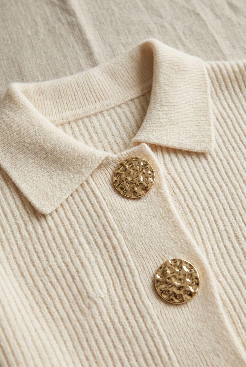Cardigan Margaux crème, gros plan sur le col et les boutons dorés martelés