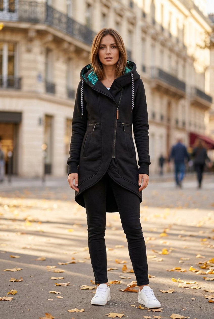 Veste Jade noire portée, silhouette complète