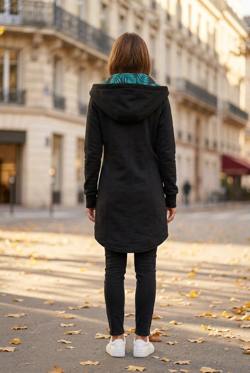 Veste Jade noire portée, vue de dos, doublure feuillage