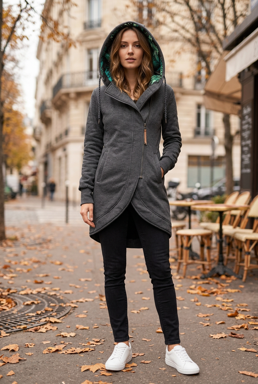 Veste Jade grise portée, capuche relevée, silhouette complète