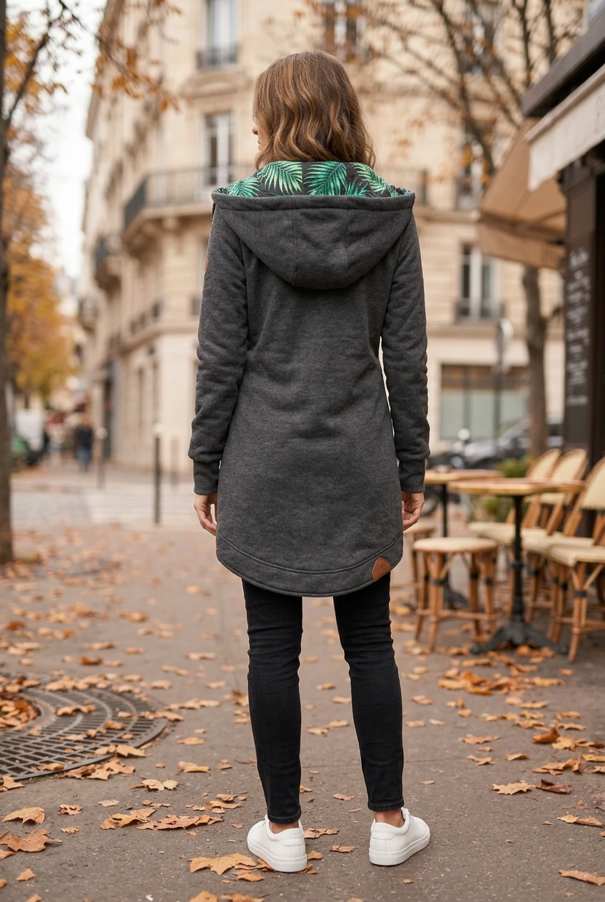 Veste Jade grise portée, vue de dos, doublure feuillage
