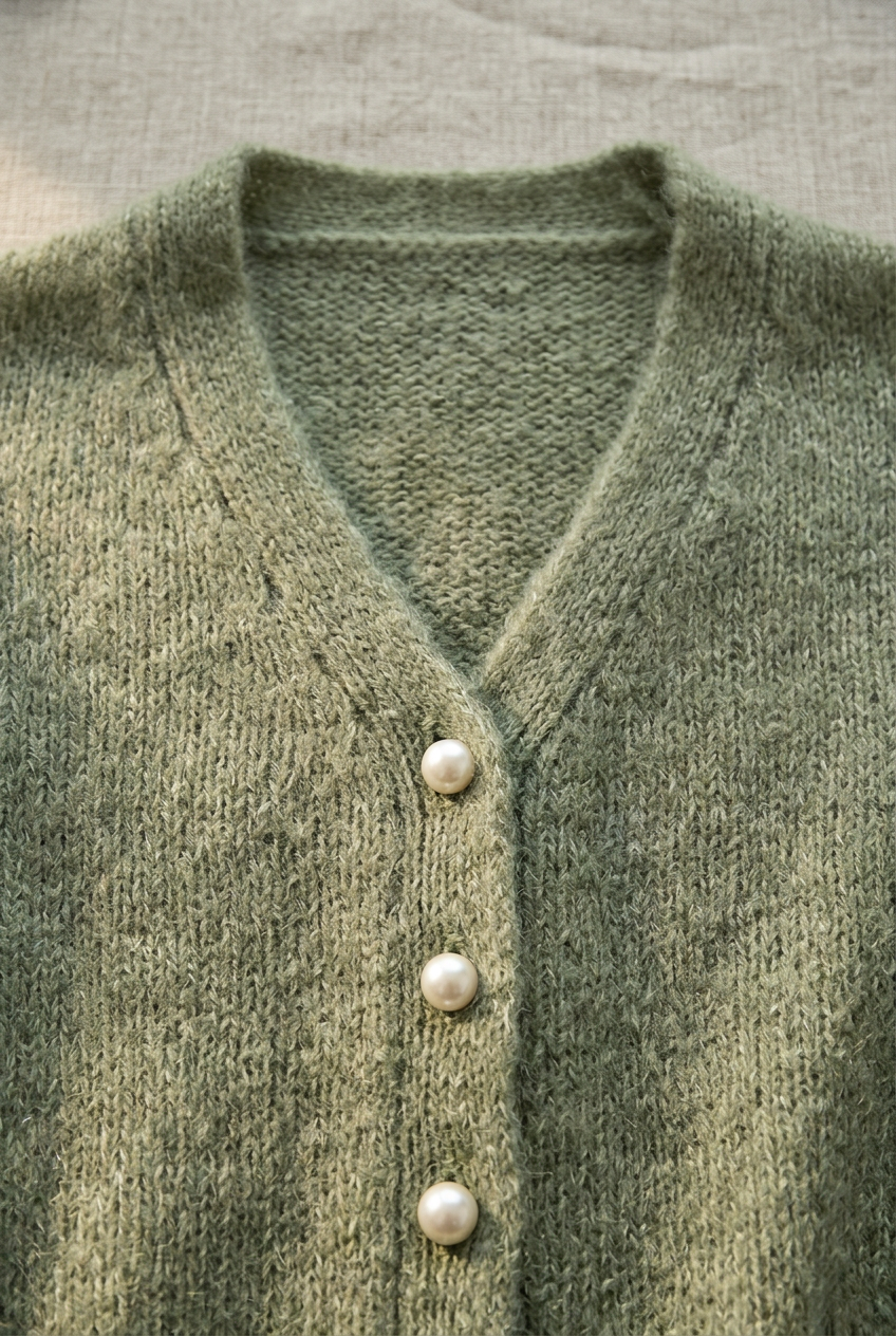 Cardigan Perle vert olive, gros plan sur le col V et les boutons perle