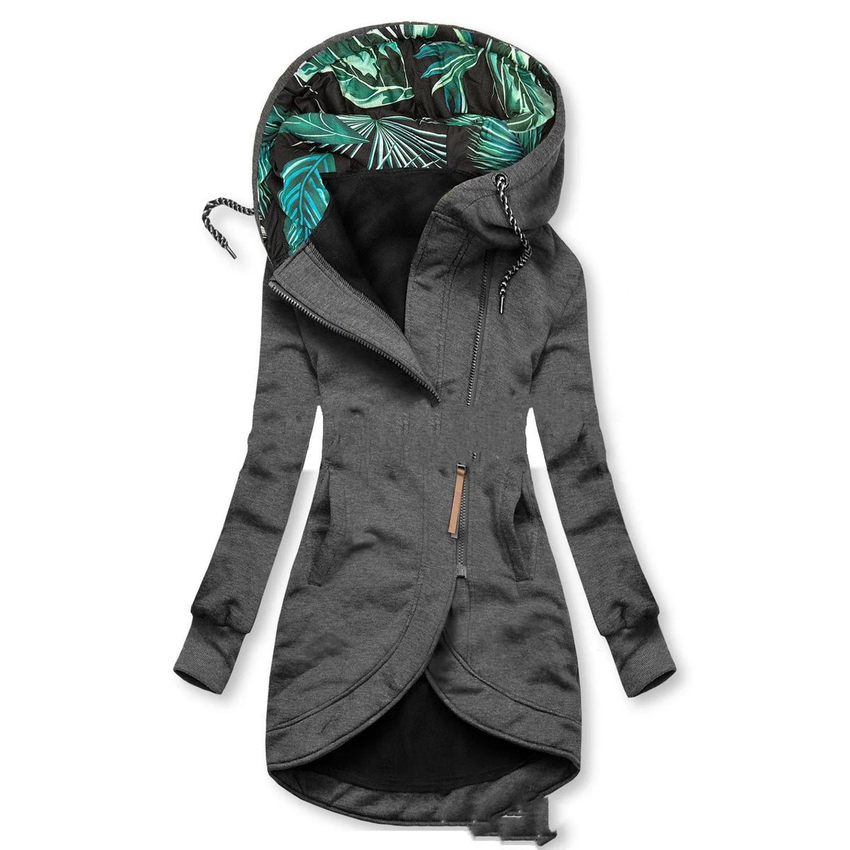 Veste Jade grise seule, vue de face, capuche doublée imprimé feuillage