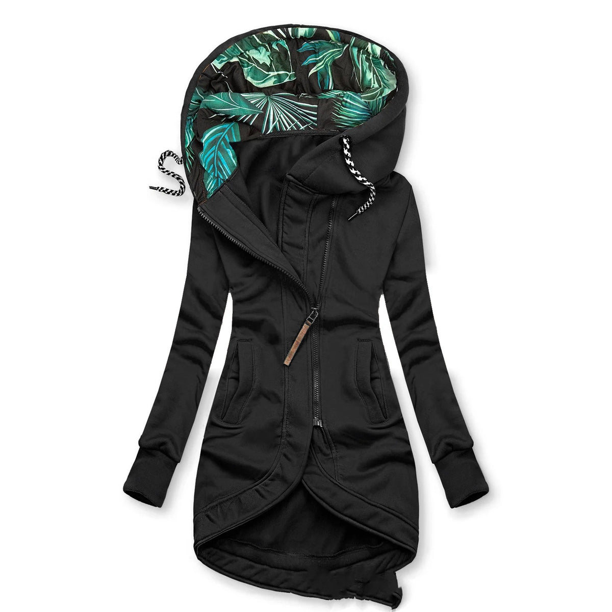 Veste Jade noire seule, vue de face, capuche doublée imprimé feuillage